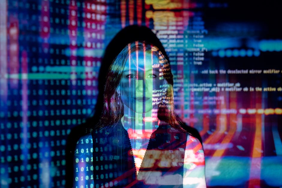 A woman with digital code projections on her face, representing technology and future concepts